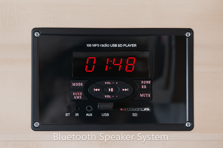 SunRay 2-person infrared sauna Bluetooth speaker system control panel with digital display and multiple input options