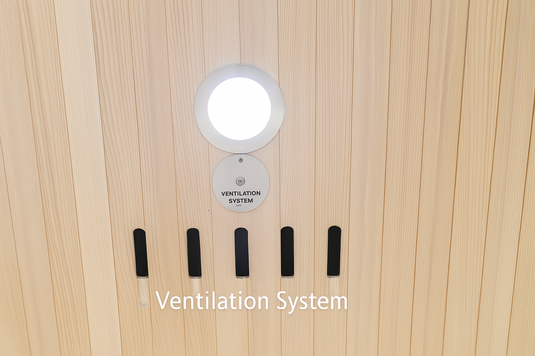 Ventilation system controls inside SunRay 2-person infrared sauna with wooden paneling