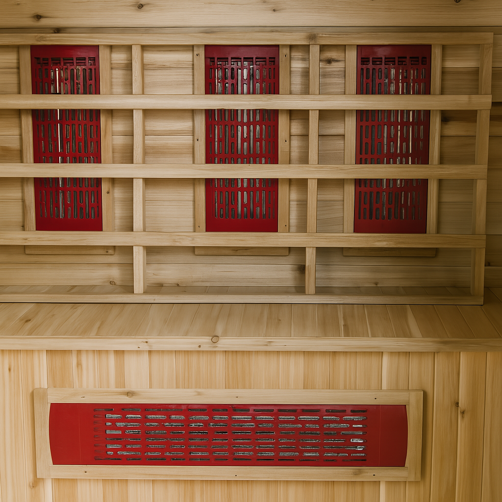 SunRay 2-person infrared sauna interior showing wooden benches and red infrared heating panels