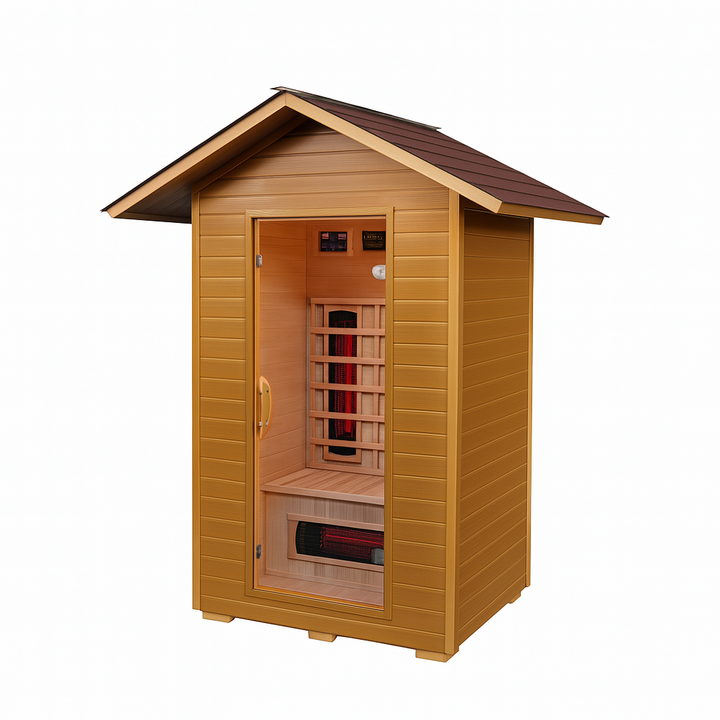 SunRay 2-person infrared sauna with wooden exterior and glass door for relaxation