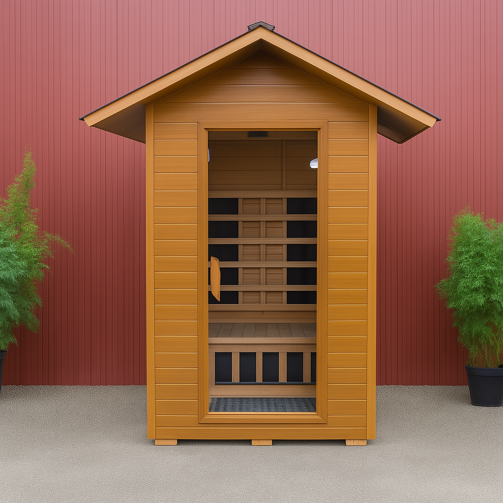 SunRay 2-person infrared sauna with wooden exterior and glass door for home relaxation