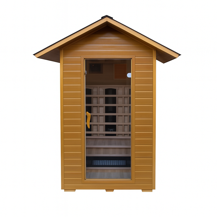 SunRay 2-person infrared sauna with wood exterior and glass door for home relaxation