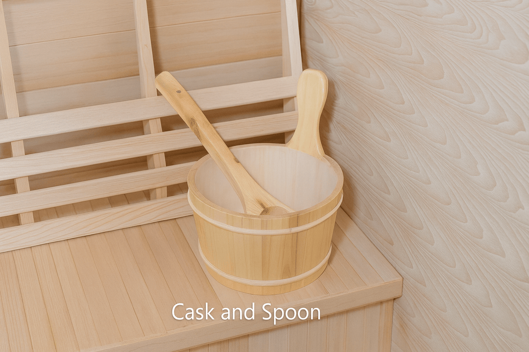Wooden cask and spoon set inside a 2-person outdoor sauna for a traditional experience