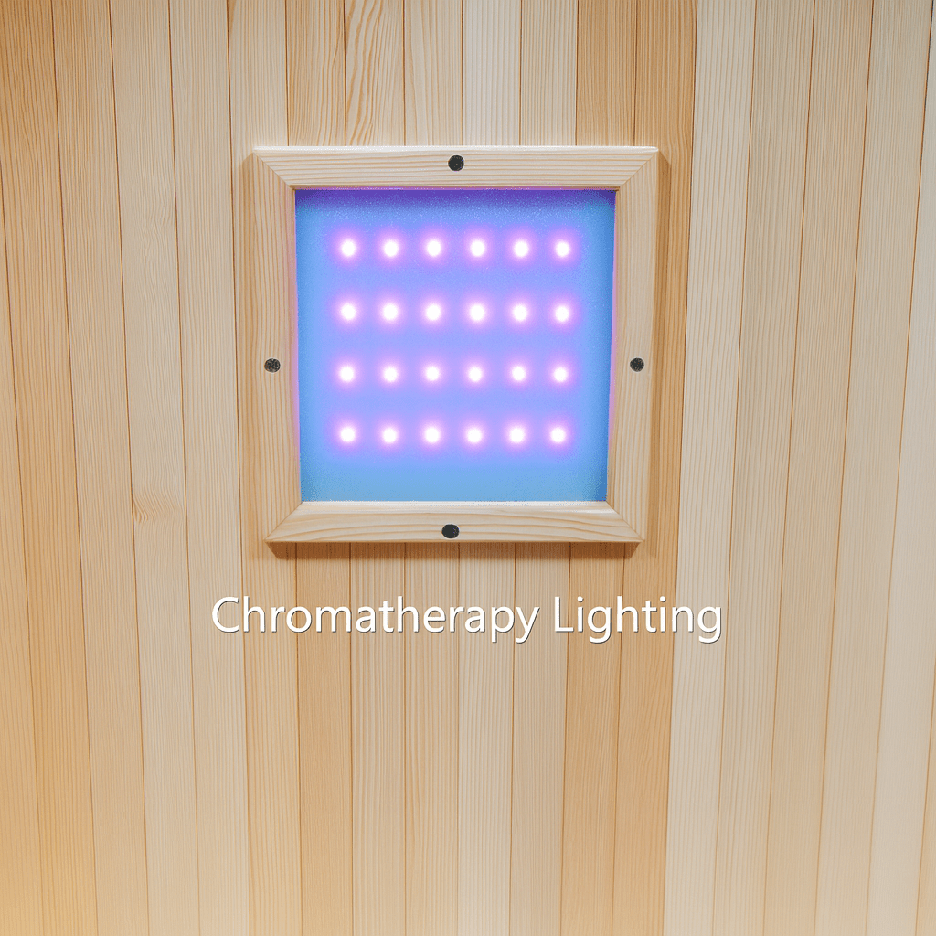 Chromatherapy lighting panel inside a SunRay 2-person outdoor sauna with wooden walls