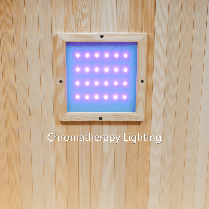 Chromatherapy lighting panel inside a SunRay 2-person outdoor sauna with wooden walls