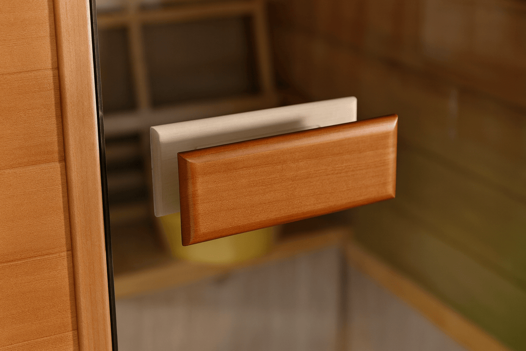 Door handle of a SunRay 2-person outdoor sauna made from natural wood for easy access