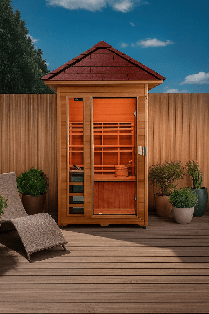 SunRay 2-person outdoor sauna with a wood exterior and elegant design in a backyard setting