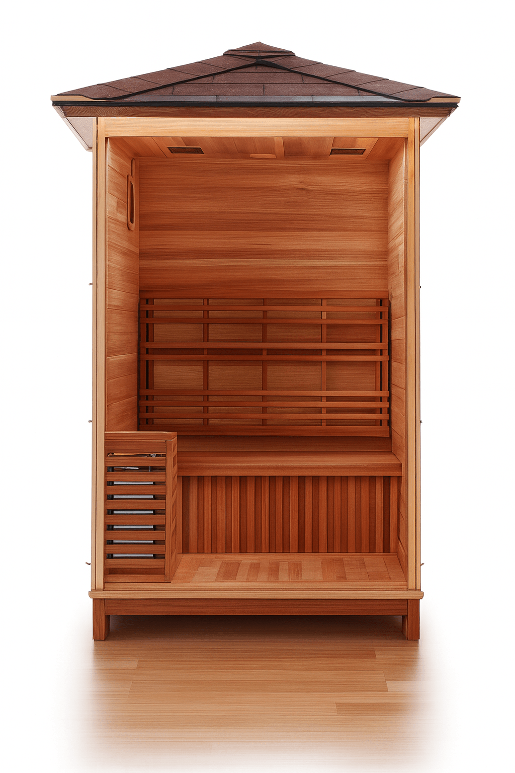 SunRay 2-person outdoor sauna with a spacious interior and natural wood finish for relaxation