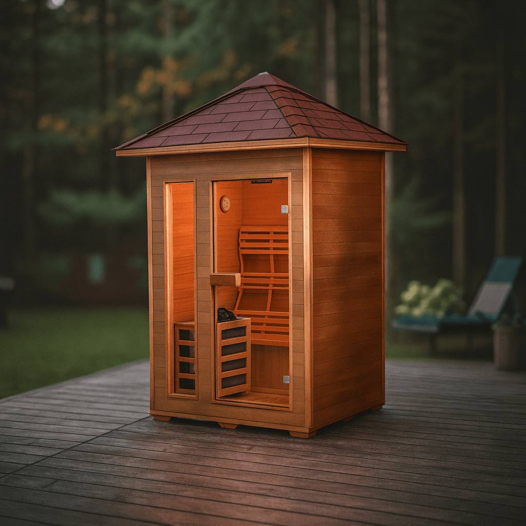 SunRay 2-person outdoor sauna with wooden design and large windows for relaxation in nature