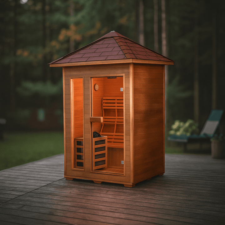 SunRay 2-person outdoor sauna with wooden design and large windows for relaxation in nature