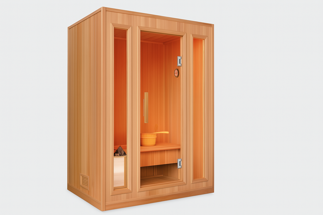 SunRay traditional 3-person indoor sauna with wooden interior and glass door
