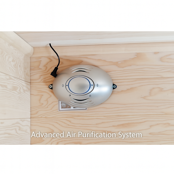 Advanced air purification system installed inside SunRay 3-person infrared sauna with wooden interior