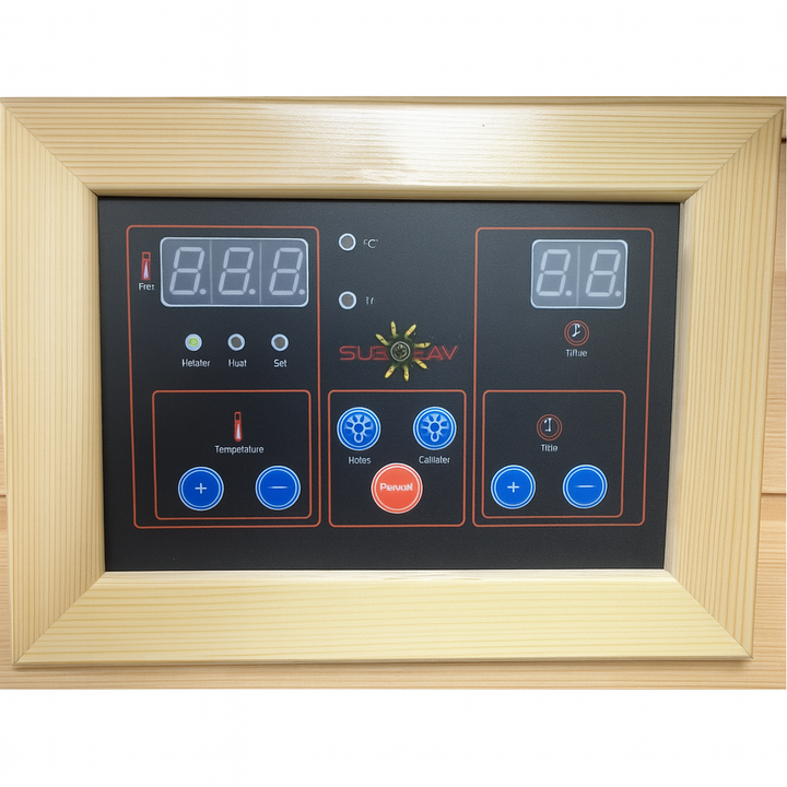 SunRay control panel for 3-person infrared sauna with temperature and timer settings in wooden frame