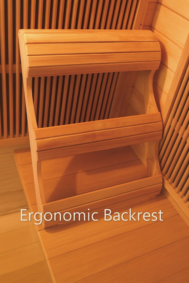 Ergonomic backrest inside SunRay 3-person infrared sauna with wooden slat design