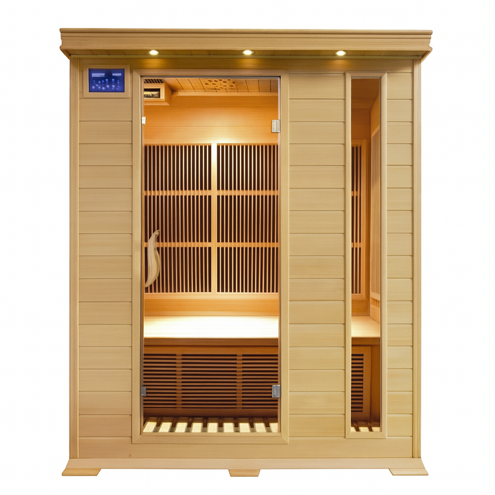SunRay 3-person infrared sauna with wooden exterior and glass door for home relaxation