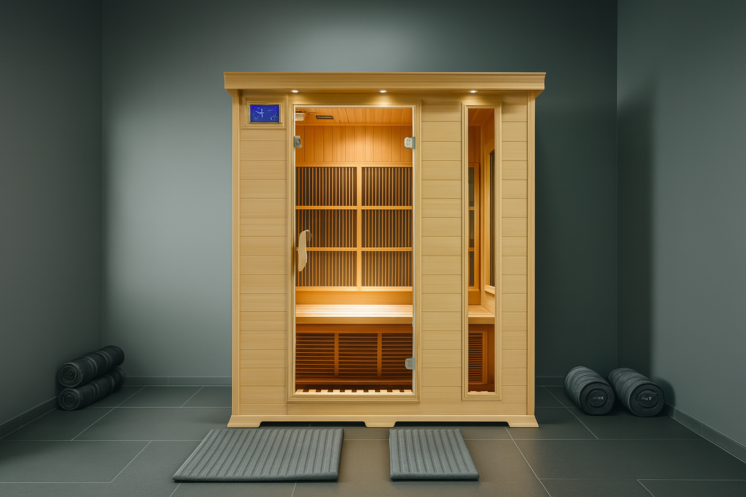 SunRay 3-person infrared sauna with wooden interior and glass door in a modern room
