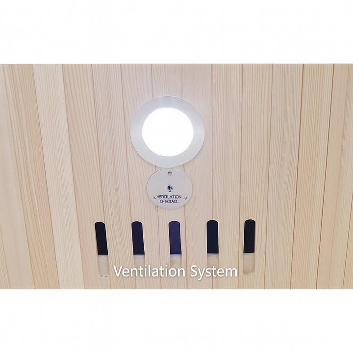 SunRay 3-person infrared sauna ventilation system on light wood panel interior