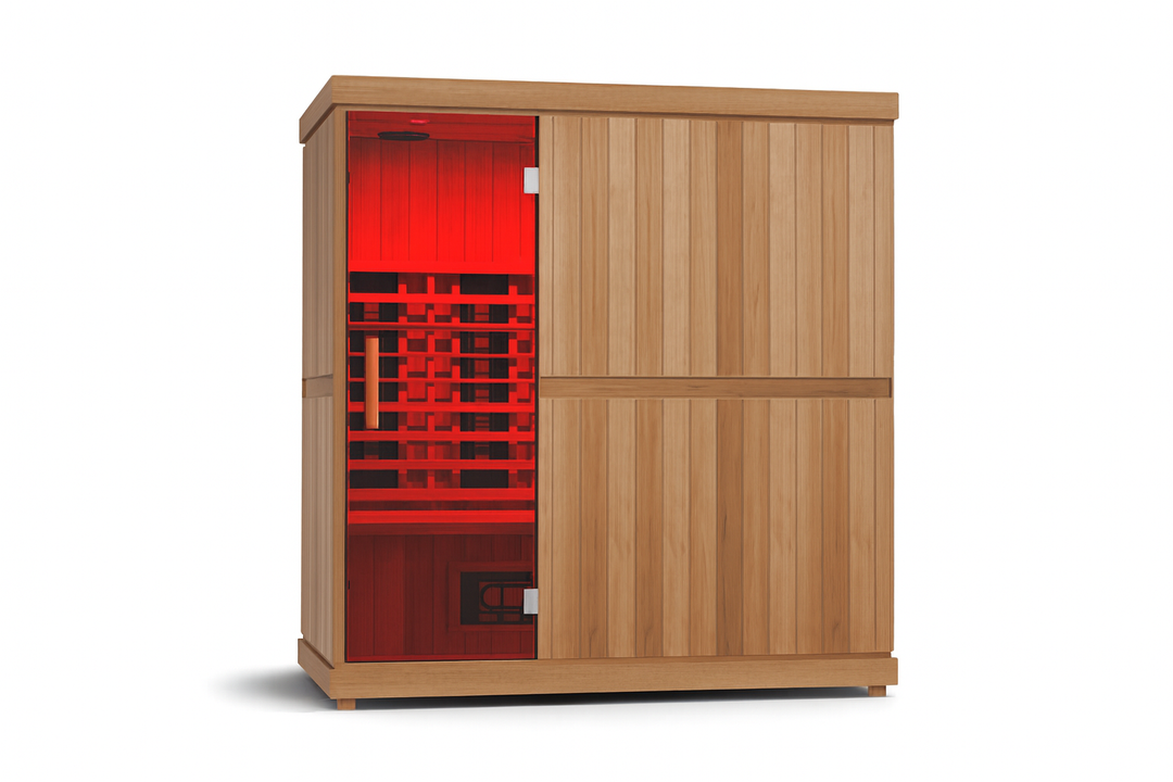 Finnmark 4 person infrared sauna with wooden exterior and red interior lighting