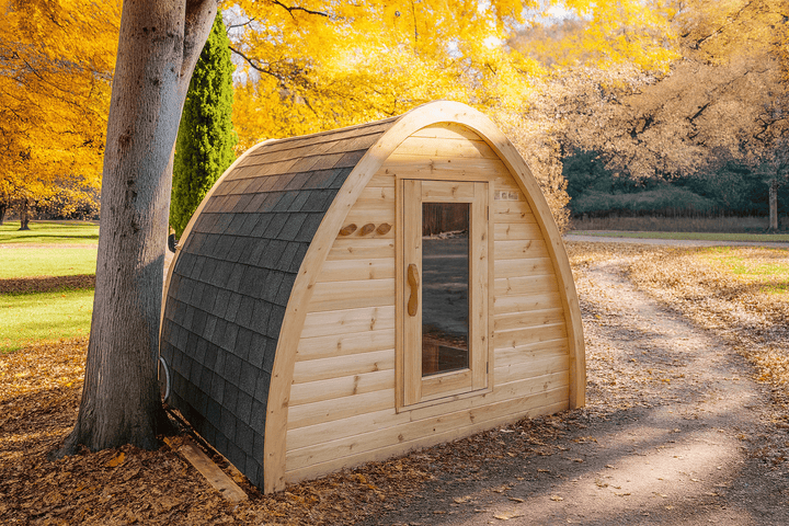 Leisurecraft traditional sauna designed for outdoor spaces, ideal among fall foliage, perfect for backyard saunas for homes