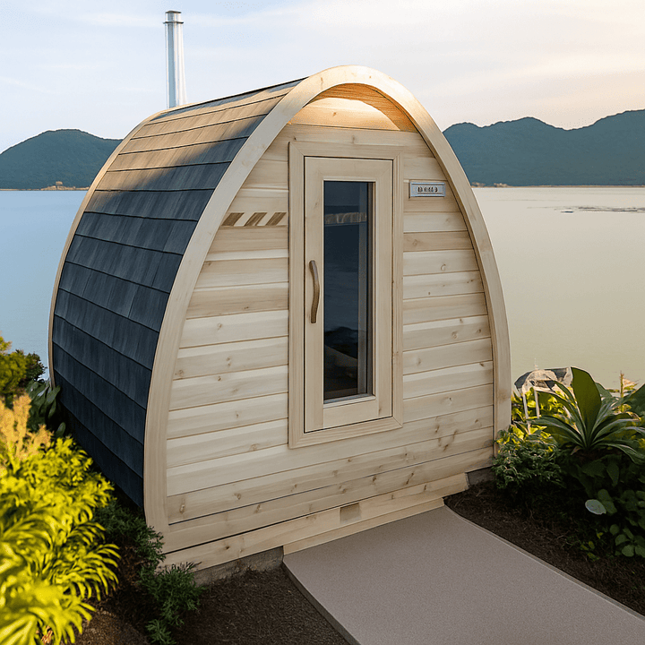 Leisurecraft Traditional Backyard Sauna for homes with natural wood finish and scenic water view