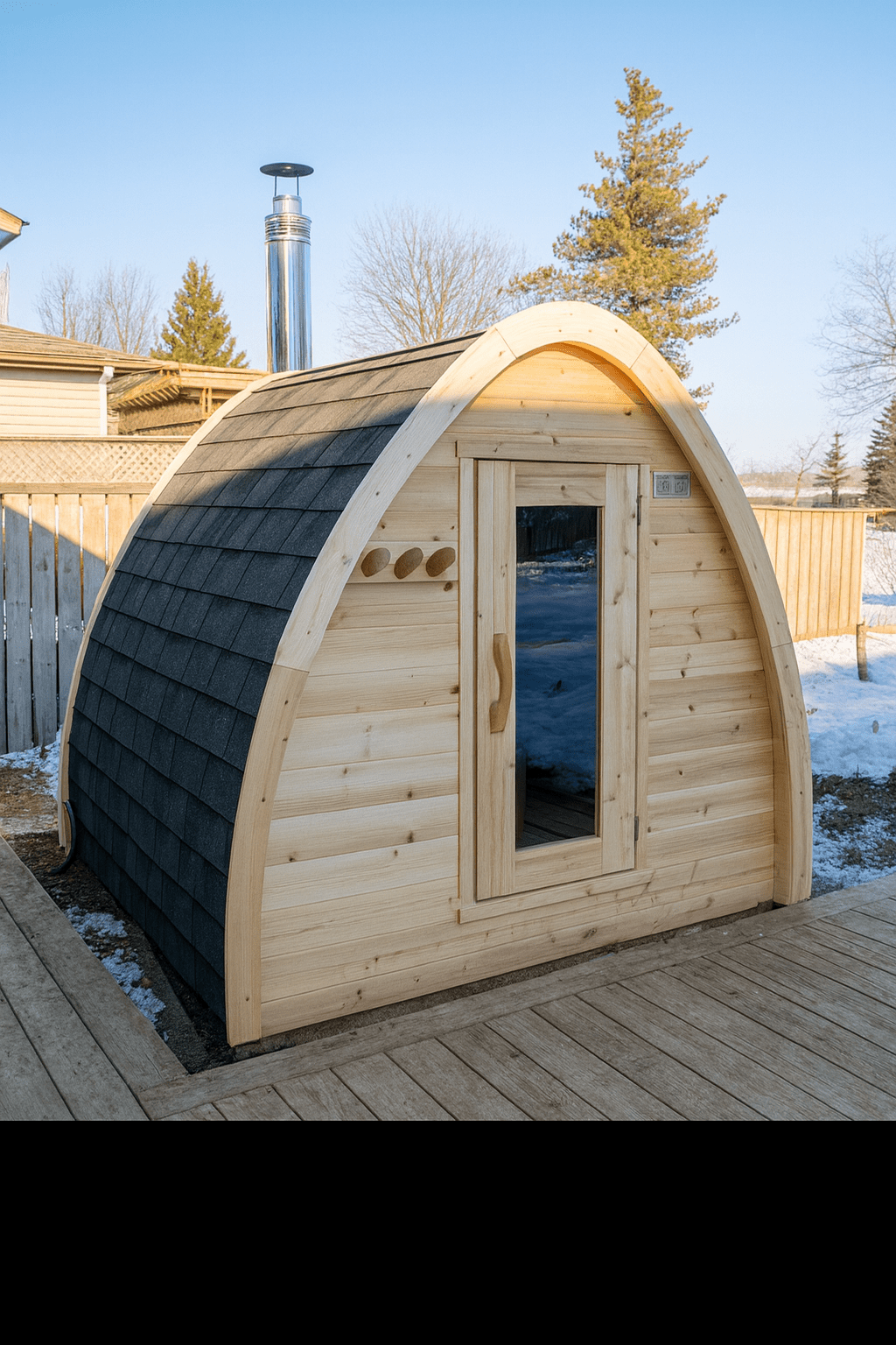 Leisurecraft traditional sauna in backyard with wood exterior, ideal for backyard saunas for homes.
