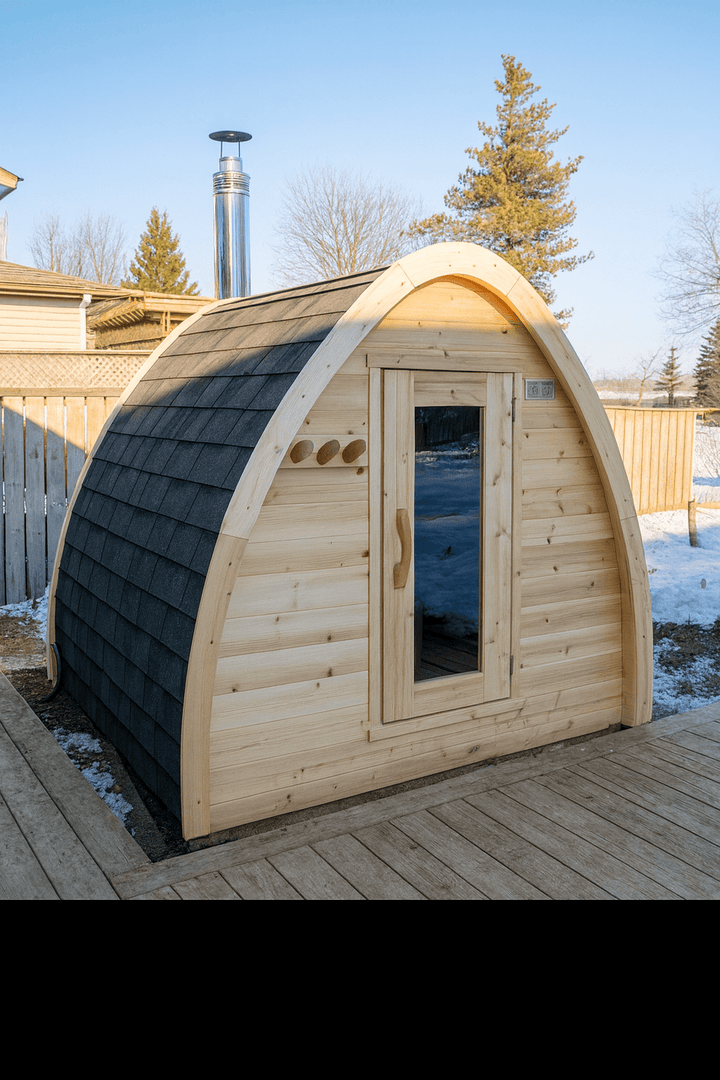 Leisurecraft traditional sauna in backyard with wood exterior, ideal for backyard saunas for homes.