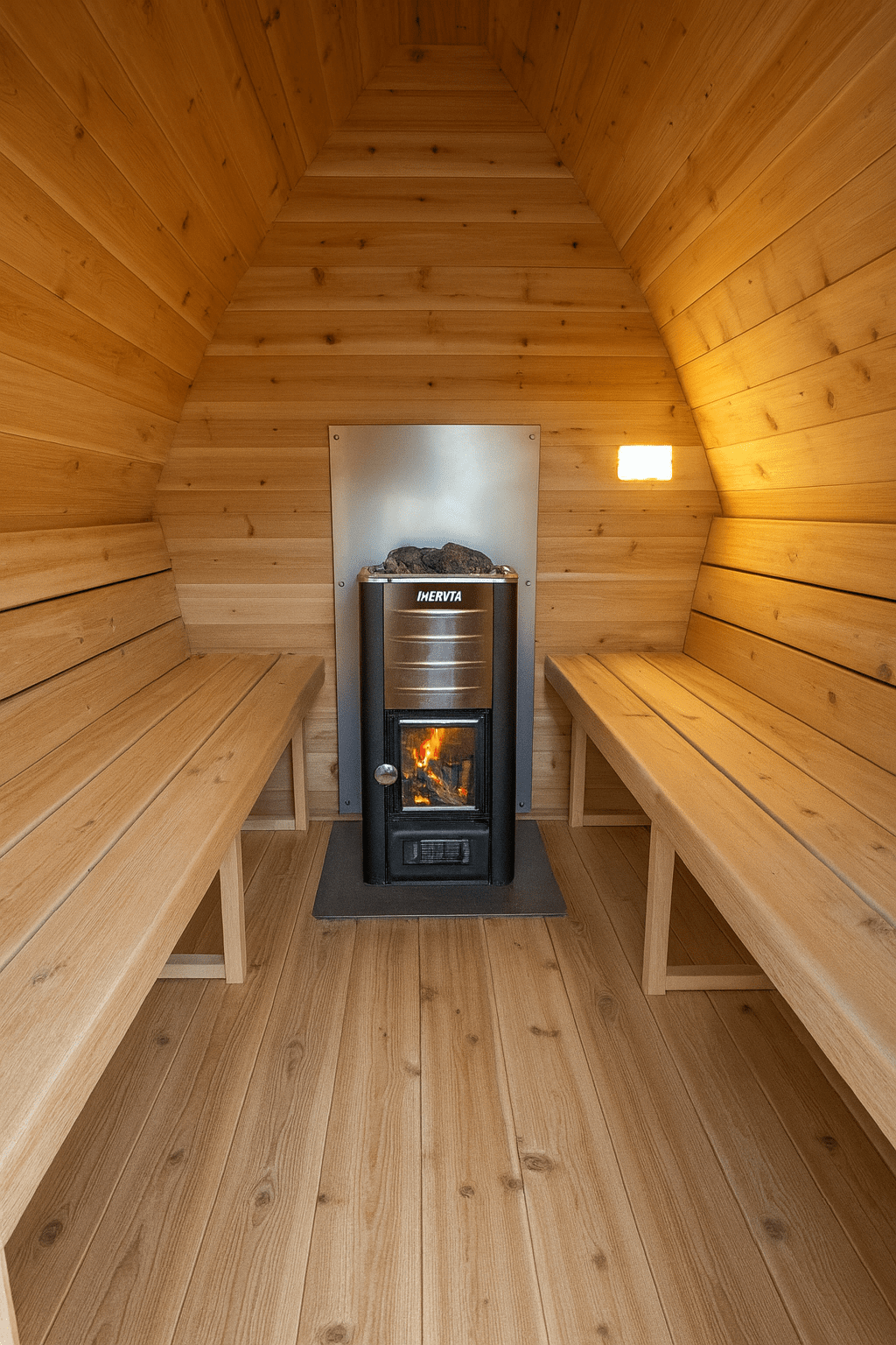 Leisurecraft traditional sauna interior featuring wooden benches and a wood-burning stove, ideal for backyard saunas for homes.