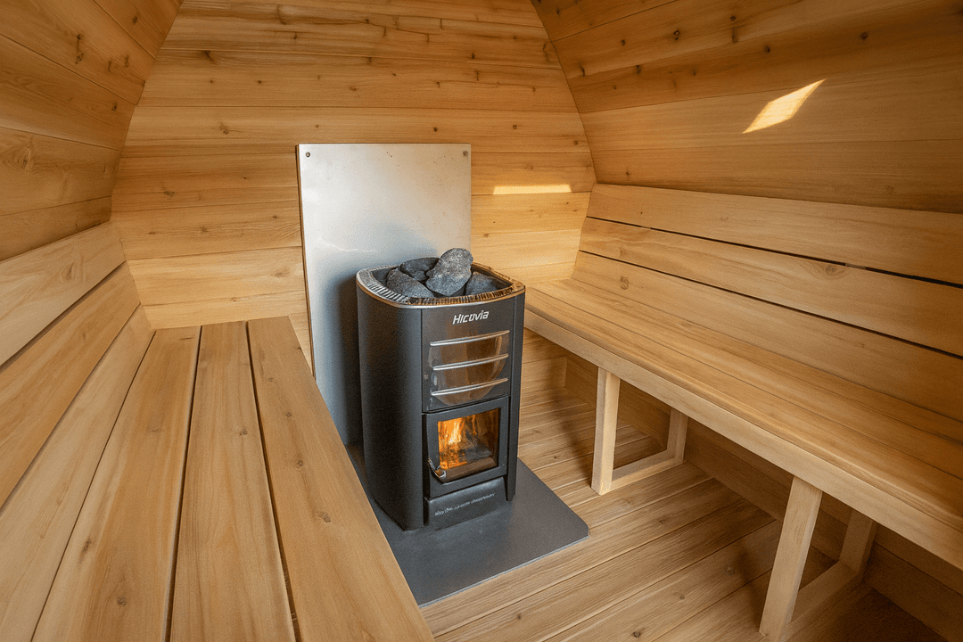 Leisurecraft traditional sauna interior with a heater and wooden benches, ideal backyard saunas for homes