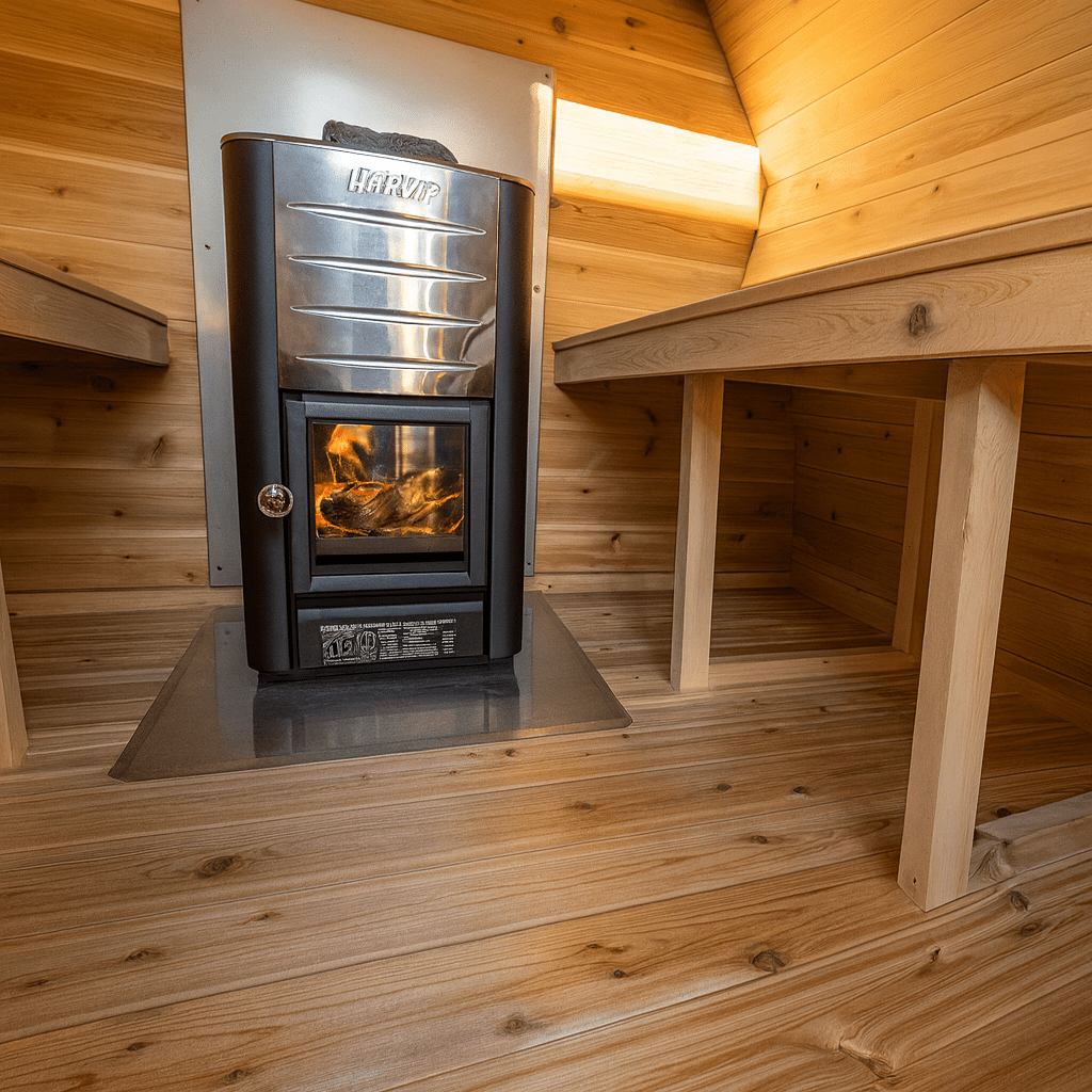 Leisurecraft traditional sauna interior with a wood stove, perfect for backyard saunas for homes.