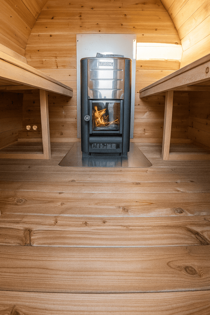 Leisurecraft traditional sauna interior with a wood-burning stove, ideal for backyard saunas for homes.