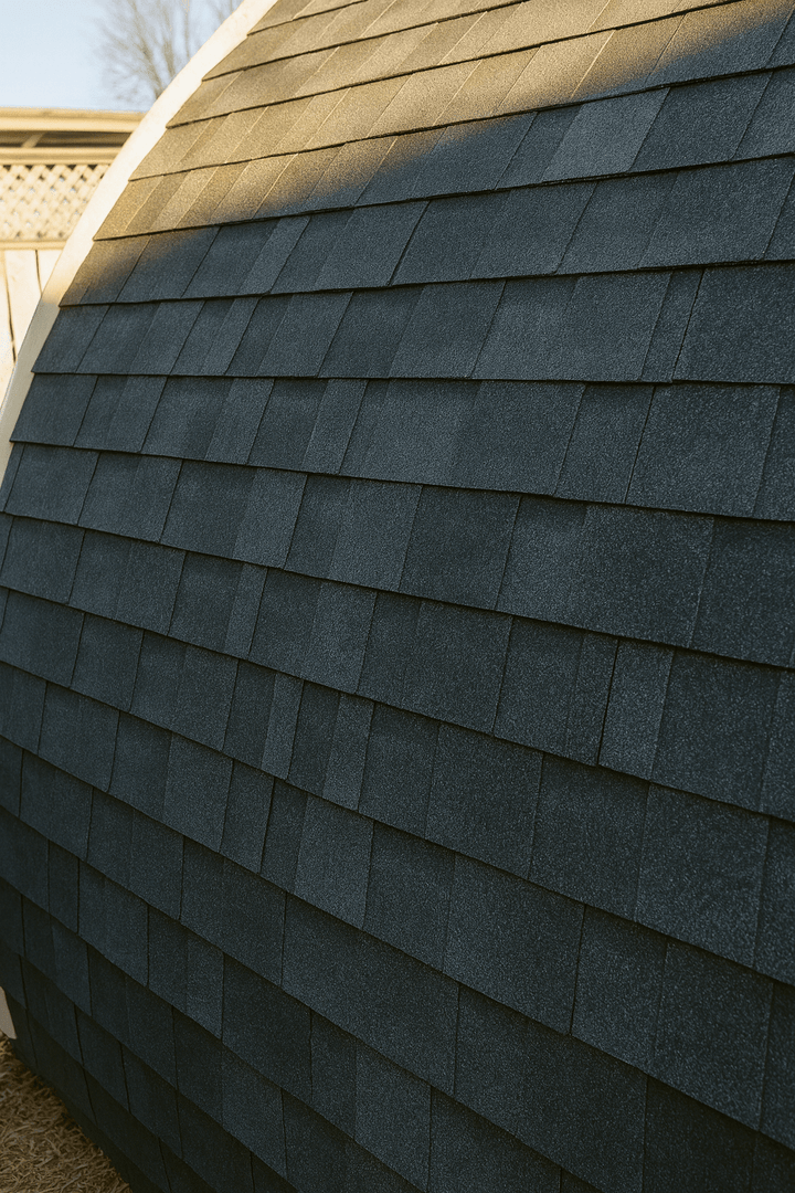 Close-up of Leisurecraft traditional sauna roof shingles, ideal for backyard saunas for homes.