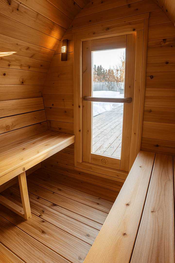 Cozy Leisurecraft traditional sauna interior with wooden benches and large window for backyard saunas for homes