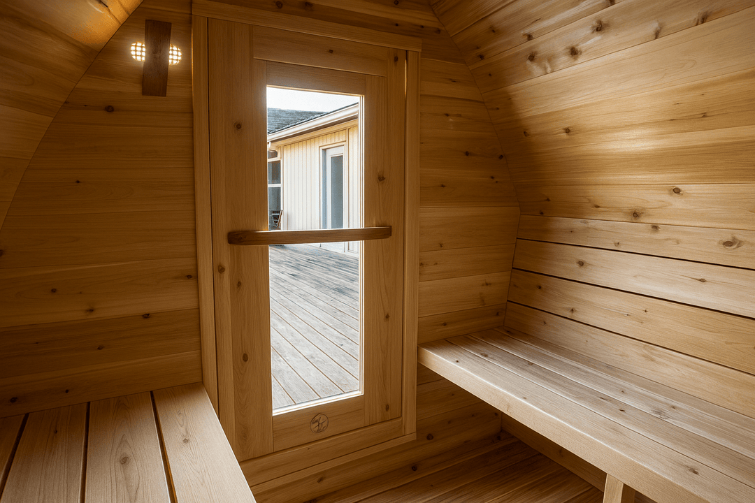 Interior view of Leisurecraft traditional sauna showcasing wooden benches and door, ideal backyard saunas for homes