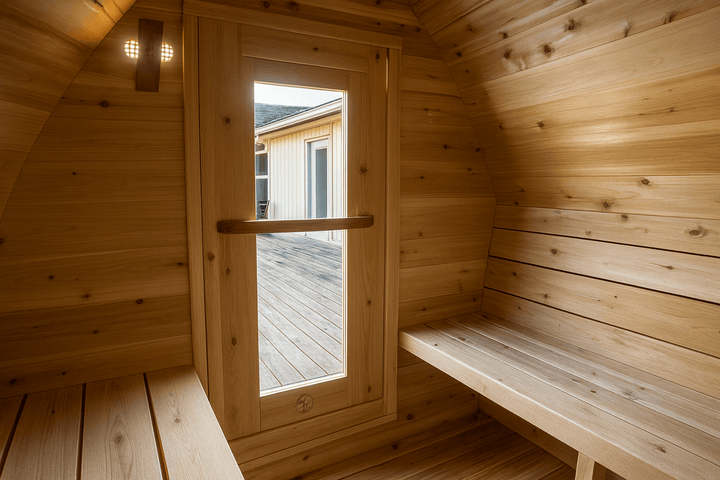 Interior view of Leisurecraft traditional sauna showcasing wooden benches and door, ideal backyard saunas for homes