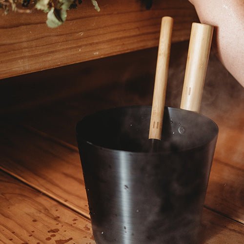 Rento Black Sauna Bucket with Bamboo Ladles for Authentic Sauna Experience