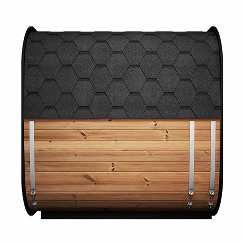 SaunaLife Cube-Series sauna for sale with wooden exterior and black hexagonal shingle roof