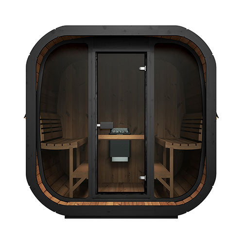 SaunaLife Cube-Series sauna for sale with black exterior and wooden interior benches