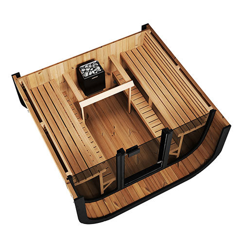 SaunaLife Cube-Series sauna for sale with wooden interior benches and modern heater unit