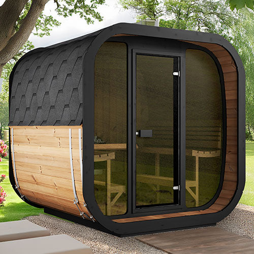 SaunaLife Cube-Series sauna for sale traditional outdoor wooden sauna with black roof and glass door