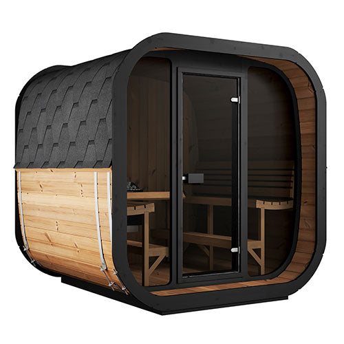 SaunaLife traditional Cube-Series sauna for sale with curved black frame and wooden interior benches