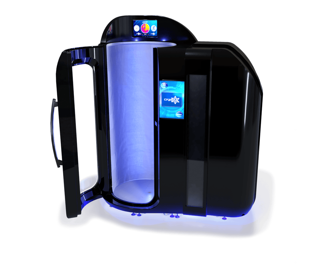 Vacuactivus electric cryotherapy chamber for home spa with a sleek black design and glowing interior lighting