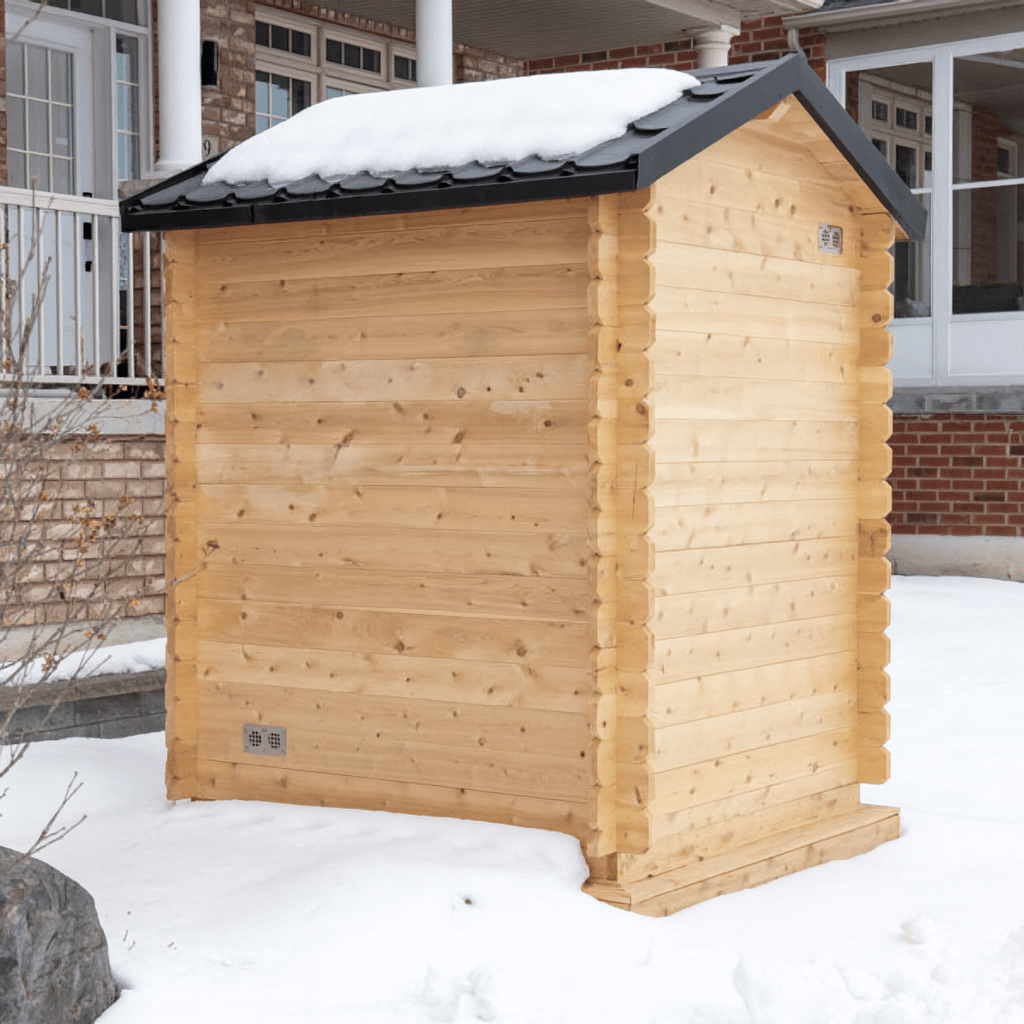 Leisurecraft outdoor home sauna made of natural wood with a sloped roof, perfect for relaxation