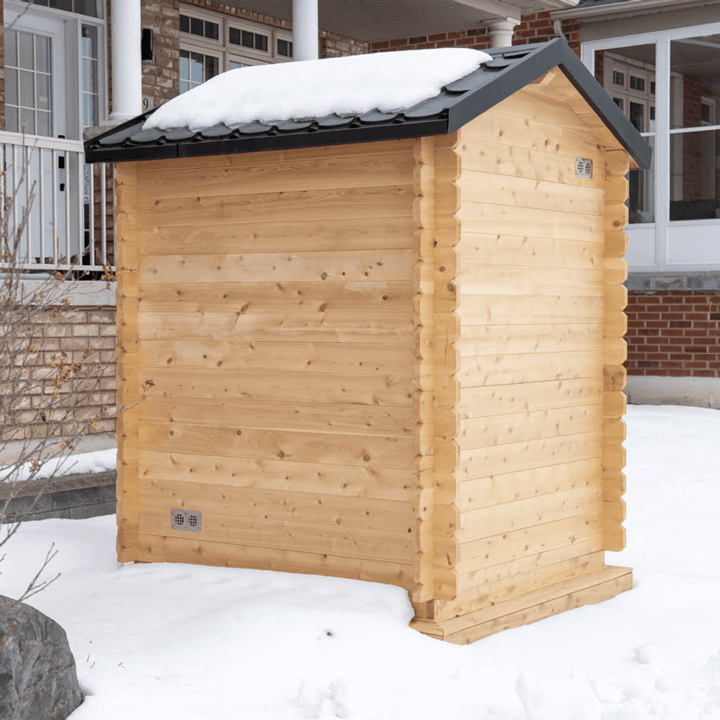 Leisurecraft outdoor home sauna made of natural wood with a sloped roof, perfect for relaxation
