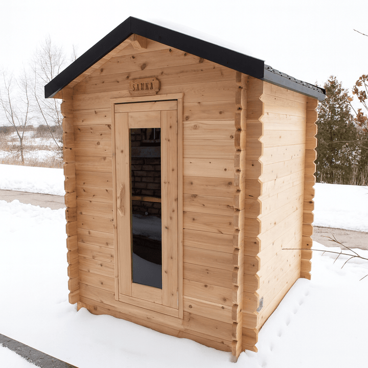 Leisurecraft outdoor home sauna in natural wood, perfect for winter relaxation and wellness