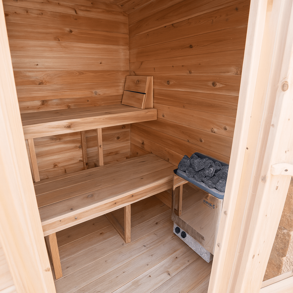 Leisurecraft outdoor home sauna interior with wooden benches and heating stones