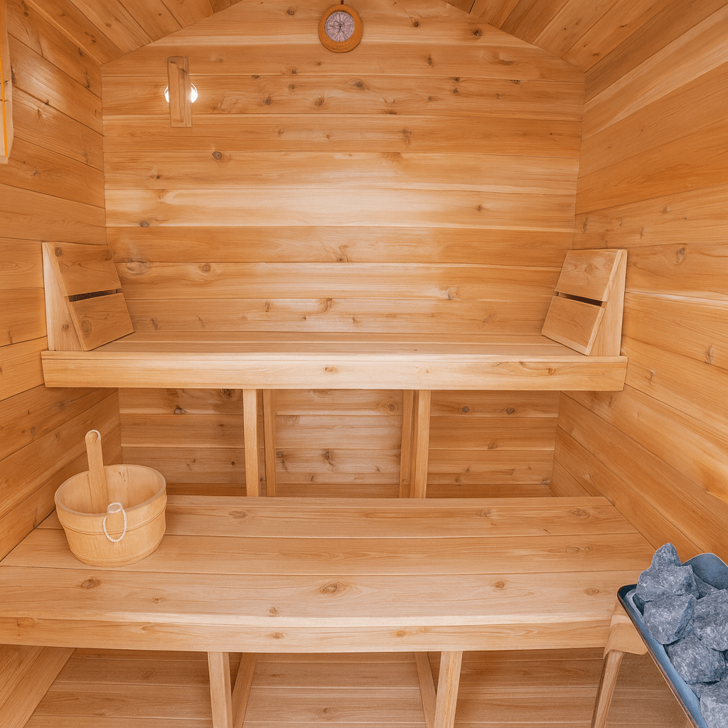 Spacious Leisurecraft outdoor home sauna interior with wooden benches and natural wood walls