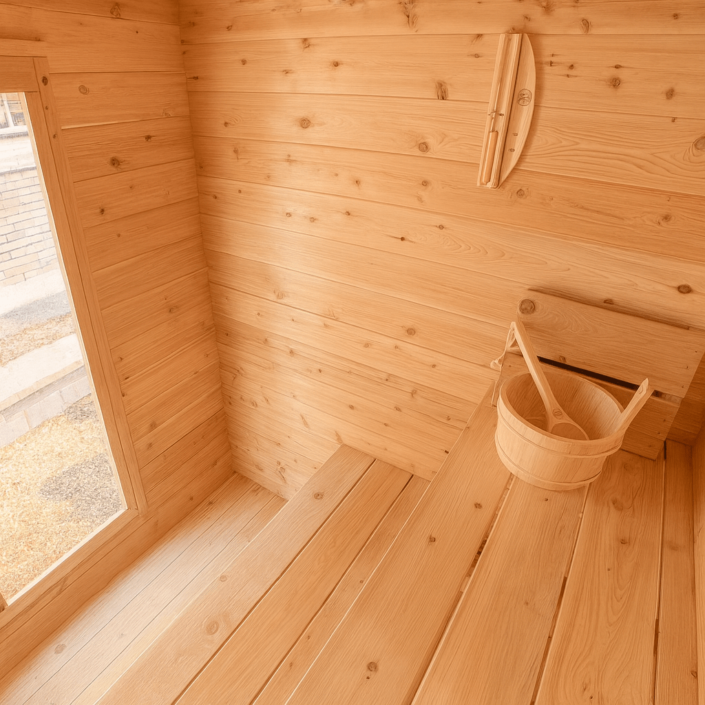 Cozy interior of Leisurecraft outdoor home sauna with wooden benches and a traditional sauna bucket