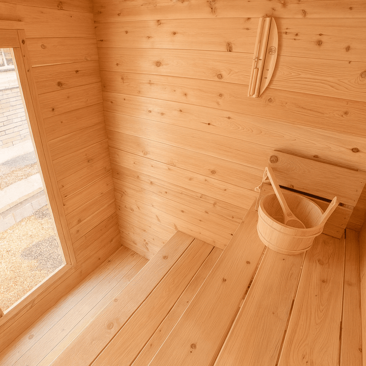 Cozy interior of Leisurecraft outdoor home sauna with wooden benches and a traditional sauna bucket