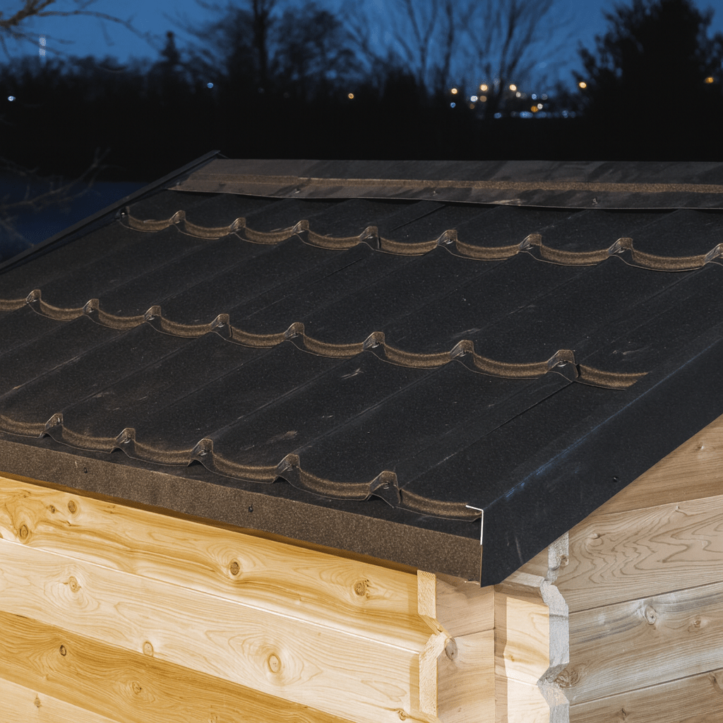 Leisurecraft outdoor home sauna with a sleek black roof design for stylish outdoor relaxation