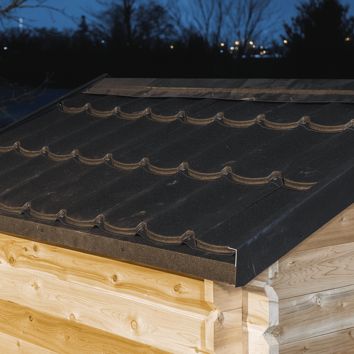 Leisurecraft outdoor home sauna with a sleek black roof design for stylish outdoor relaxation